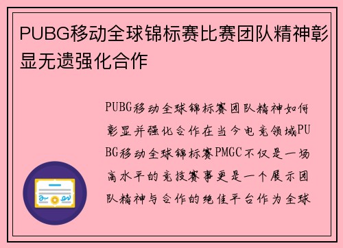 PUBG移动全球锦标赛比赛团队精神彰显无遗强化合作