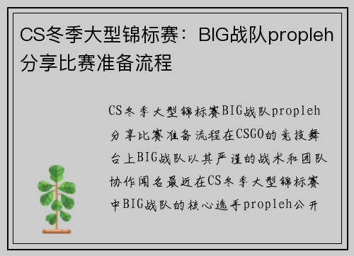 CS冬季大型锦标赛：BIG战队propleh分享比赛准备流程